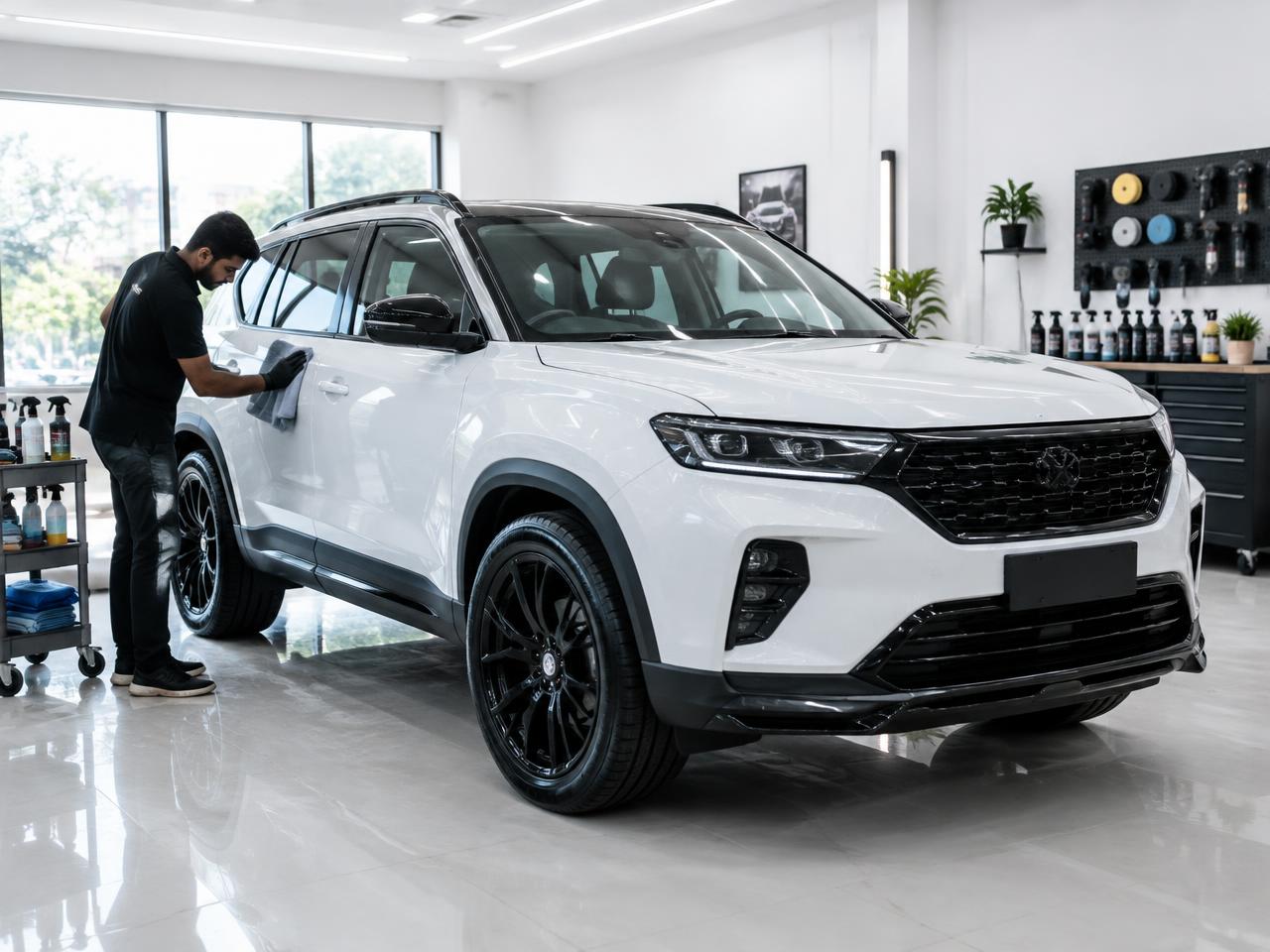 Detailer finishing a white SUV inside a bright car customization studio